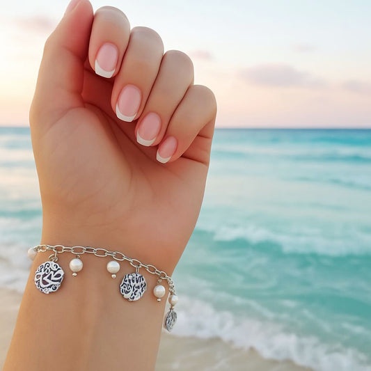 white pearls with names bracelet